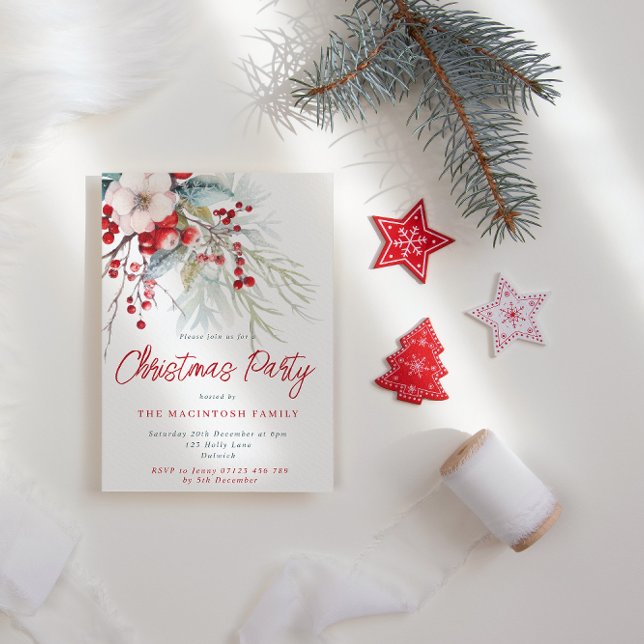 Invitación Fiesta de Navidades del Foliage de Invierno Rojo y (Subido por el creador)