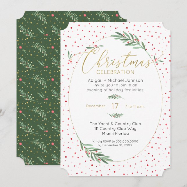 Invitación Fiesta de Navidades del Oro Verde Rojo de la veget (Anverso / Reverso)