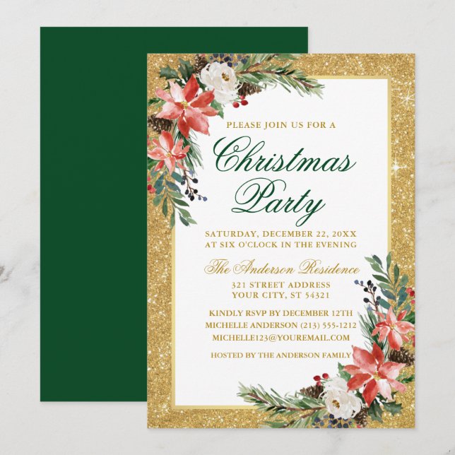 Invitación Fiesta de Navidades del Purpurina de Poinsettia de (Anverso / Reverso)