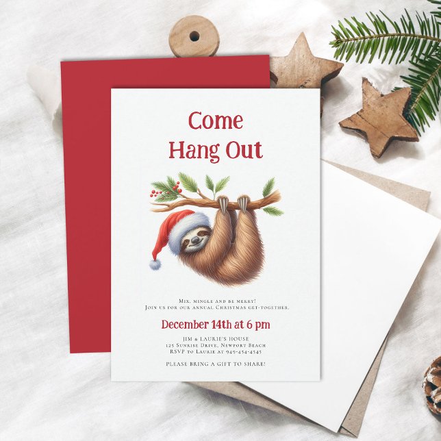 Invitación Fiesta de Navidades divertidos de la sucursal Slon (come hang out funny sloth christmas party invitation family winter holiday cute minimalist modern)