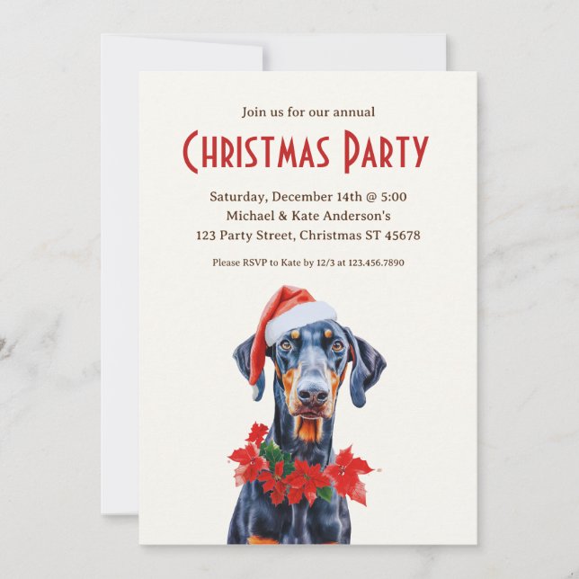Invitación Fiesta de Navidades Doberman Pinscher Santa Hat Do (Anverso)
