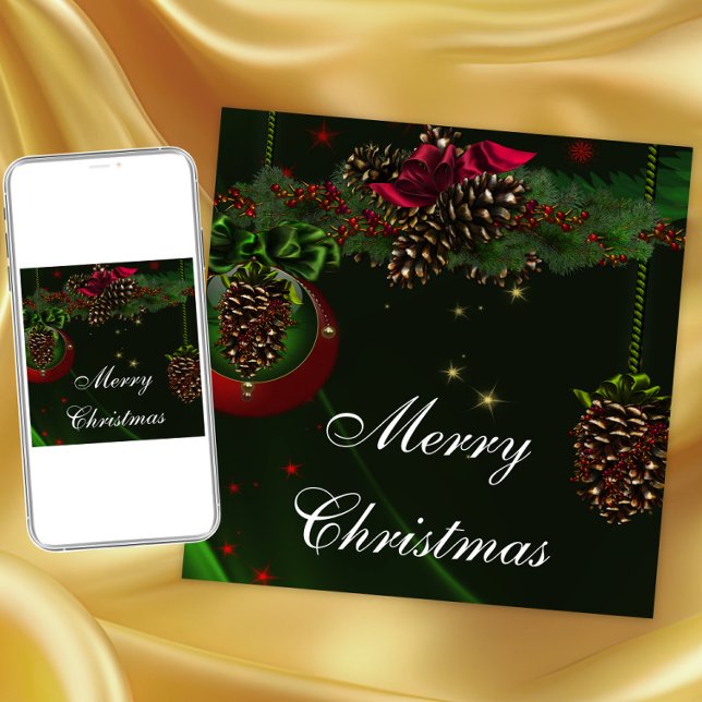 Invitación Fiesta de Navidades elegantes de Green Red Pine Co (Pinecone ornaments Christmas party invitation. Instant download and printed invitations available.)