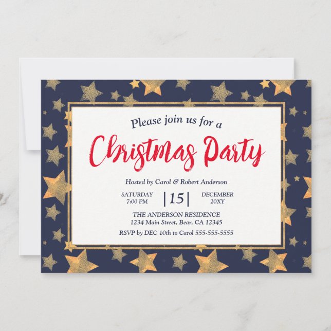 Invitación Fiesta de Navidades Elegantes de la Estrella de Or (Anverso)
