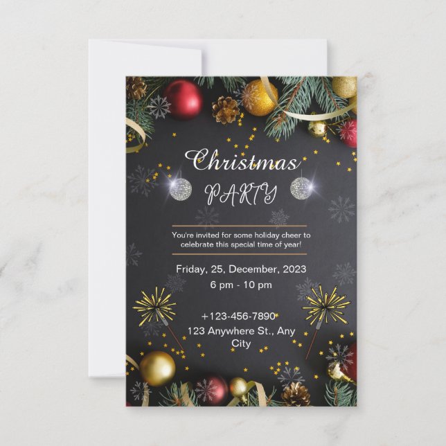 Invitación Fiesta De Navidades Elegantes De Negro Y Oro (Anverso)