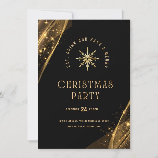 Invitación Fiesta de Navidades elegantes de oro negro (Anverso)