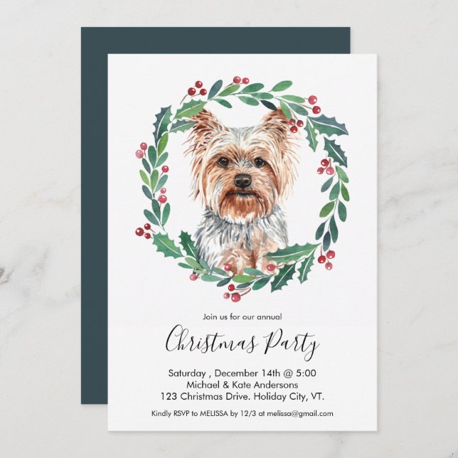 Invitación Fiesta de Navidades elegantes de Yorkshire Terrier (Anverso / Reverso)