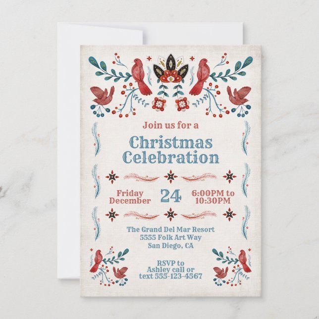 Invitación Fiesta de Navidades escandinavos de arte popular (Anverso)