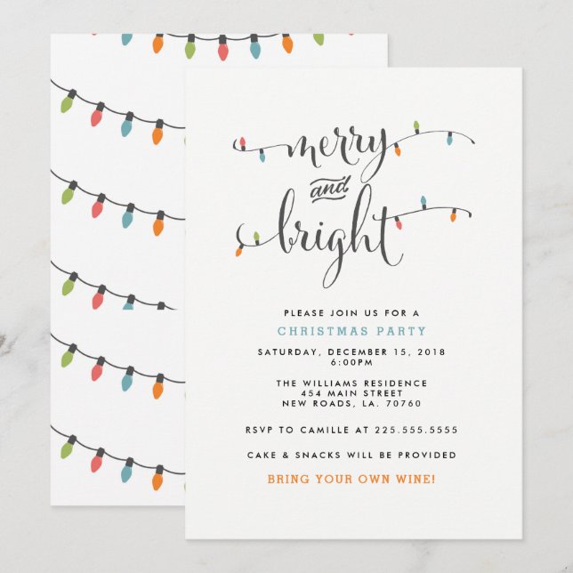 Invitación Fiesta de Navidades Feliz y Brillante (Anverso / Reverso)