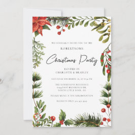 Invitación Fiesta de Navidades Floral Poinsettia Script Green