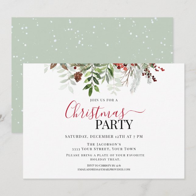 Invitación Fiesta de Navidades florales de Berries y Greenery (Anverso / Reverso)