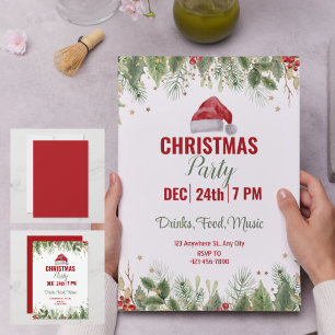 Invitación Fiesta de Navidades florales de color rojo simple