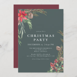 Invitación Fiesta de Navidades florales de invierno verde de 