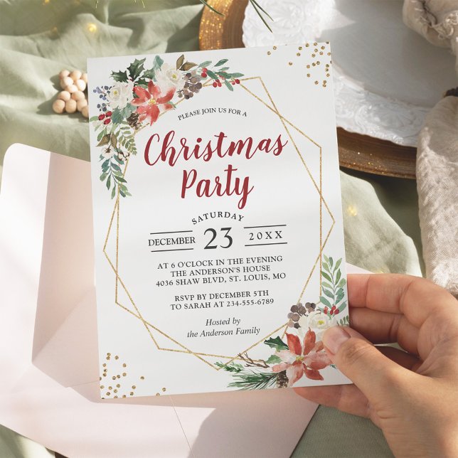 Invitación Fiesta de Navidades florales de poinsettia geométr (Subido por el creador)