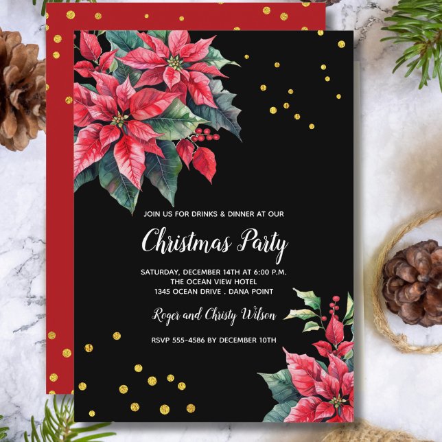 Invitación Fiesta de Navidades florales de Poinsettia negro y (Subido por el creador)