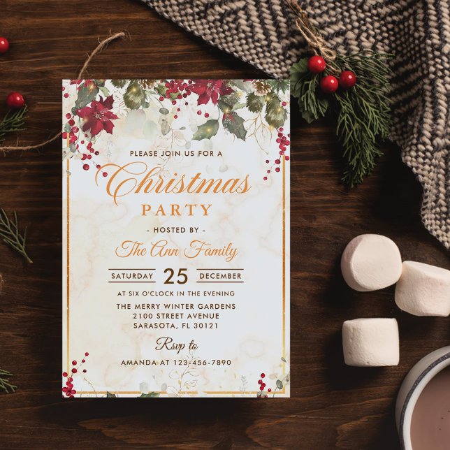 Invitación Fiesta de Navidades florales de Poinsettia Roja (Subido por el creador)