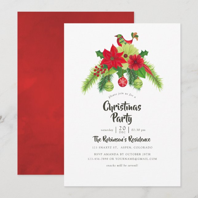 Invitación Fiesta de Navidades florales en acuarela de arte f (Anverso / Reverso)