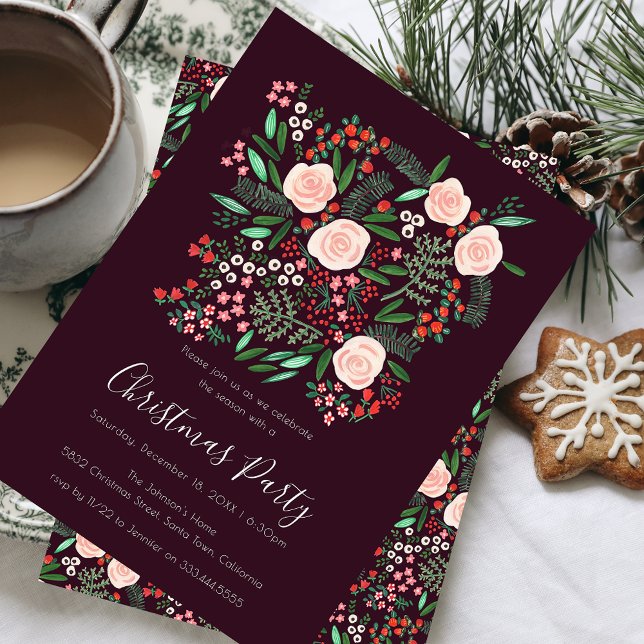 Invitación Fiesta de Navidades florales modernos (Modern Floral Festive Christmas Party Invitation)