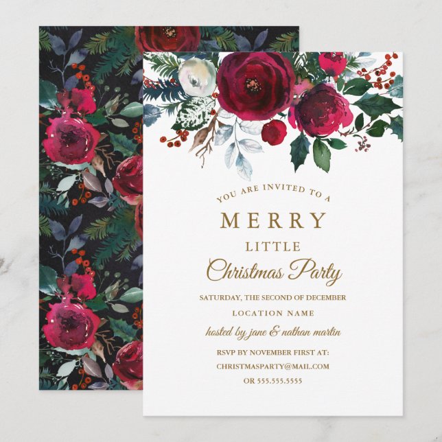 Invitación Fiesta de Navidades florales modernos de Borgoña (Anverso / Reverso)
