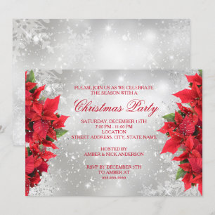 Invitación Fiesta de Navidades florales Red Silver Sparkle Ho