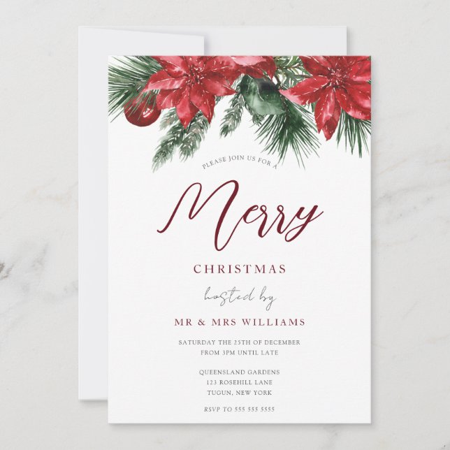 Invitación Fiesta de Navidades florales rojas clásicos (Anverso)