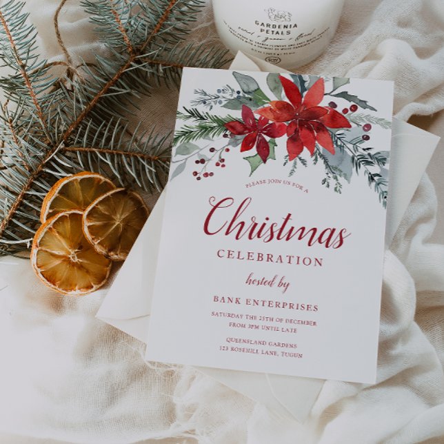 Invitación Fiesta de Navidades florales verdes y rojos festiv (Subido por el creador)