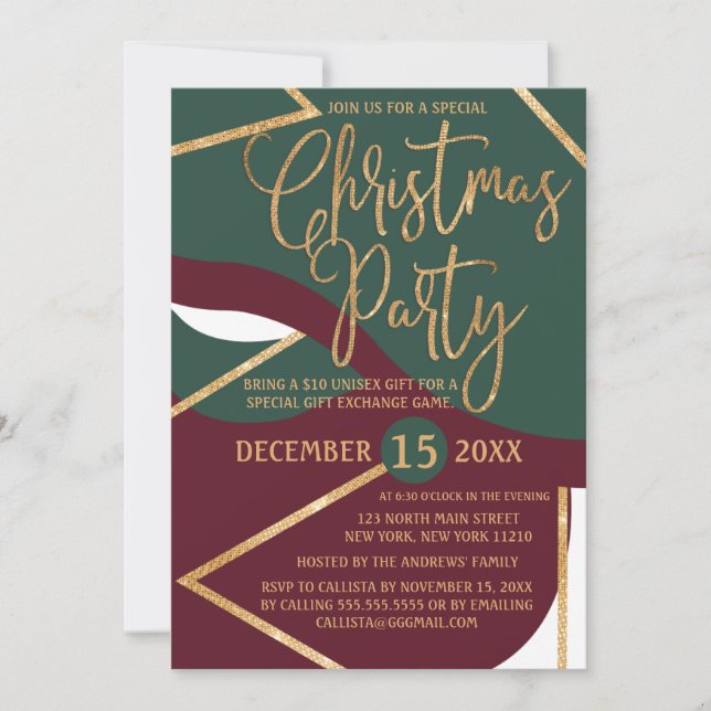 Invitación Fiesta de Navidades geográficos de Purpurina de Or (Anverso)