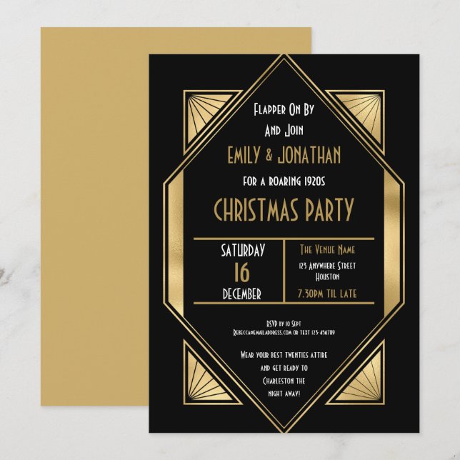 Invitación Fiesta de Navidades Gold Black de los años 1920 (Anverso / Reverso)