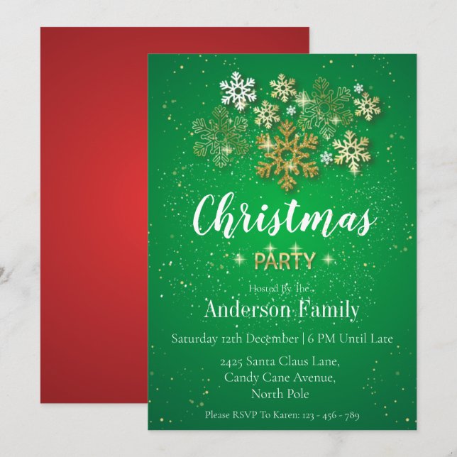 Invitación Fiesta de Navidades Gold, Green & Red Luxury Style (Anverso / Reverso)