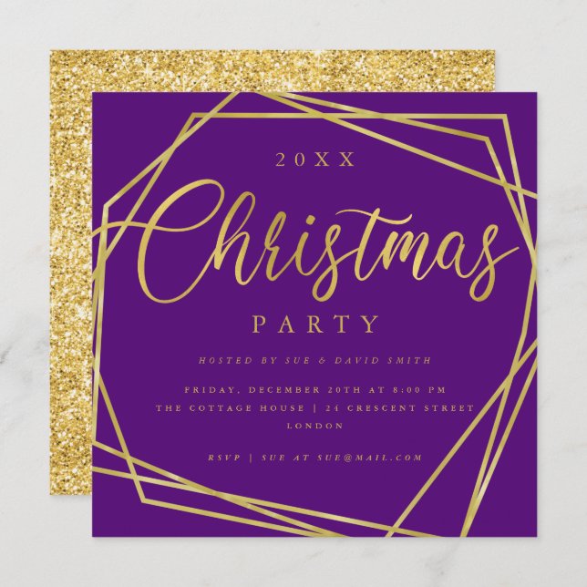 Invitación Fiesta de Navidades Gold Purple Frame con secuenci (Anverso / Reverso)
