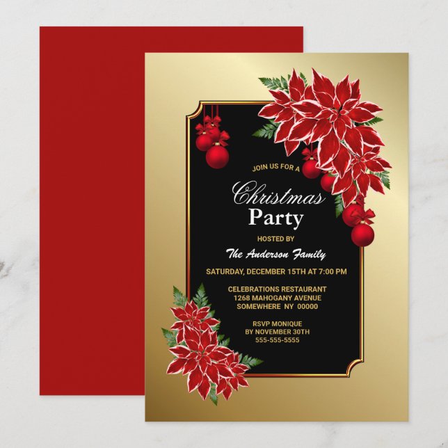 Invitación Fiesta de Navidades Gold Red Poinsettia Gold Frame (Anverso / Reverso)