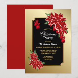 Invitación Fiesta de Navidades Gold Red Poinsettia Gold Frame