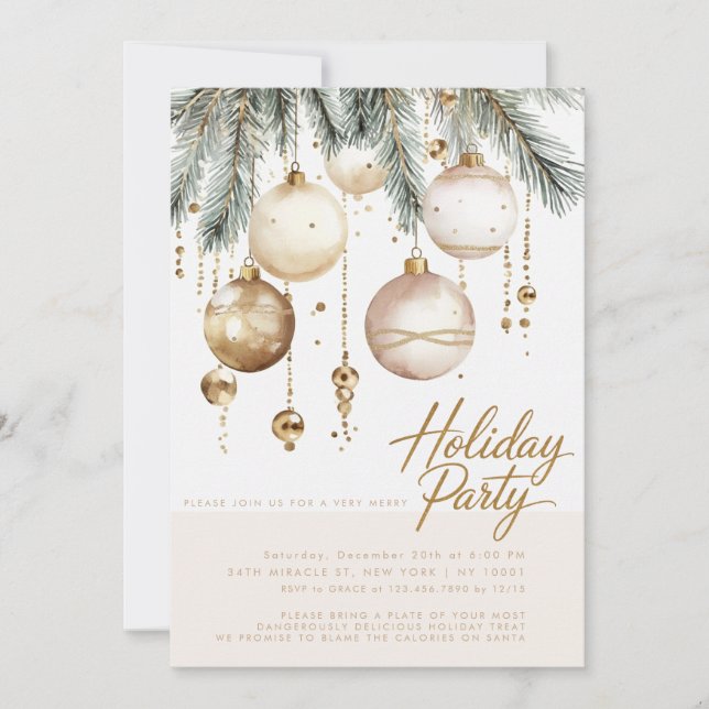 Invitación Fiesta de Navidades Gold Rubor Ornaments Baubles (Anverso)