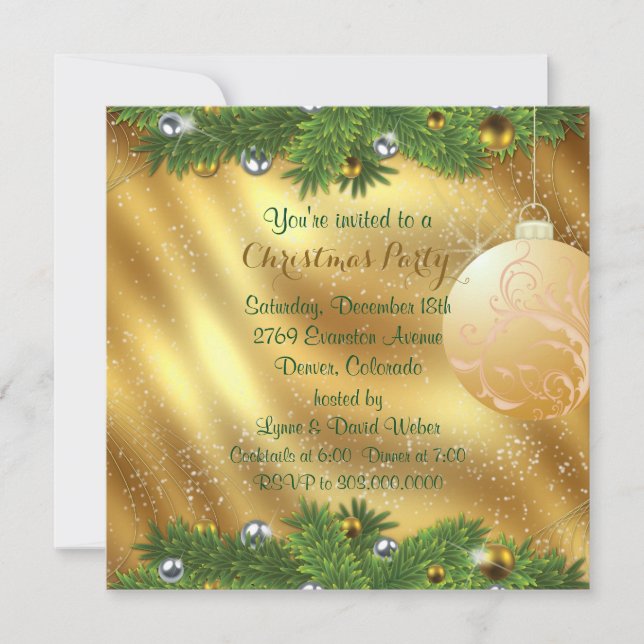 Invitación Fiesta de Navidades Green Pine Bough Gold (Anverso)