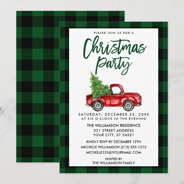 Invitación Fiesta de Navidades Green Plaid de Camión de Guión (Anverso / Reverso)