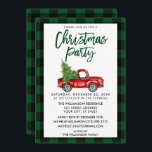 Invitación Fiesta de Navidades Green Plaid de Camión de Guión<br><div class="desc">Camión rojo vintage con color de agua de guiño de broche con árbol de Navidad - Invitación de fiesta de los Navidades de plástico verde</div>