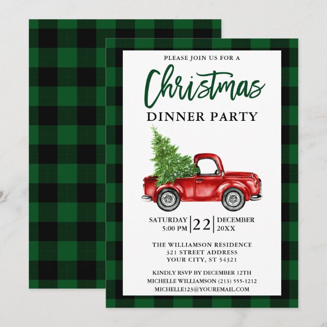 Invitación Fiesta de Navidades Green Plaid de Camión de Guión (Anverso / Reverso)