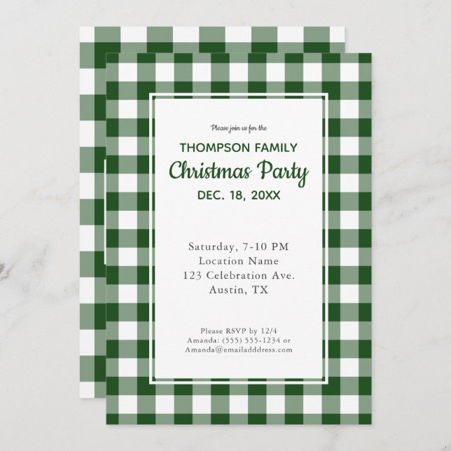 Invitación Fiesta de Navidades Green White Buffalo Check (Anverso / Reverso)