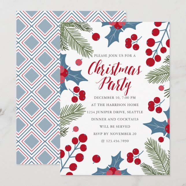 Invitación Fiesta de Navidades Holly Berries y Ferns (Anverso / Reverso)