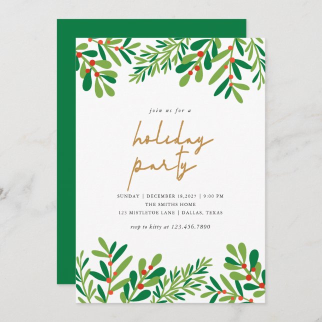 Invitación Fiesta de Navidades Holly Berries y Ferns (Anverso / Reverso)