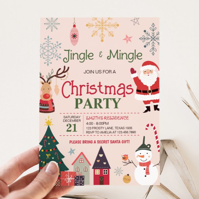 Invitación Fiesta de Navidades jingle y mingle cute (Jingle and Mingle Christmas Party Invitation)