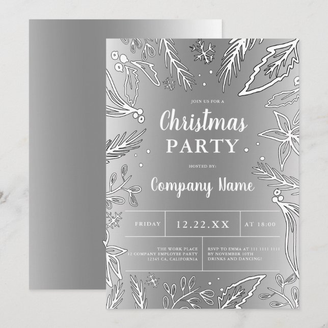 Invitación Fiesta de Navidades metálicos de plata corporativa (Anverso / Reverso)