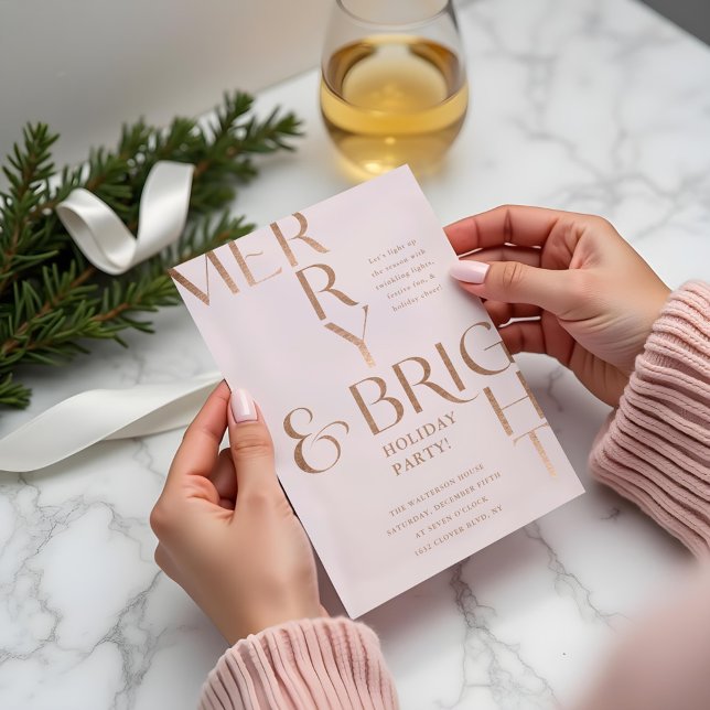 Invitación Fiesta de Navidades Mínimos de feriado de Merry y  (Merry & Bright Minimal Holiday Christmas Party Pink Invitation)