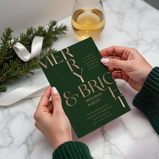 Invitación Fiesta de Navidades Mínimos de feriado de Merry y  (Merry & Bright Minimal Holiday Christmas Party Green Invitation)