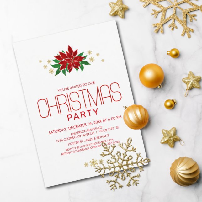 Invitación Fiesta de Navidades modernos de la Poinsettia Roja (Subido por el creador)