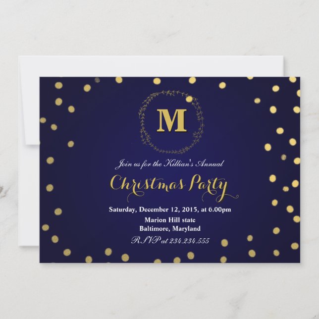 Invitación Fiesta de Navidades monogramas de Blue Gold Confet (Anverso)