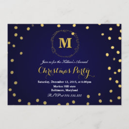 Invitación Fiesta de Navidades monogramas de Blue Gold Confet