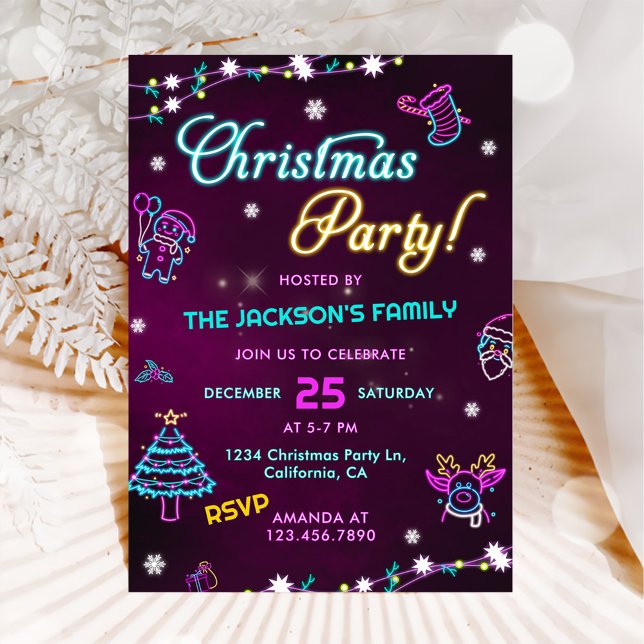 Invitación Fiesta de Navidades morados modernos de Neon Neon (Subido por el creador)