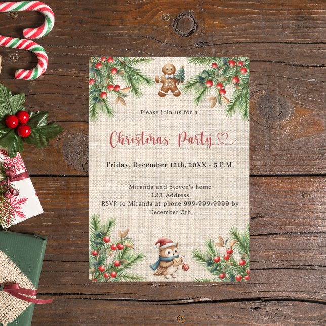 Invitación Fiesta de Navidades naturales de pino beige burlap (Subido por el creador)