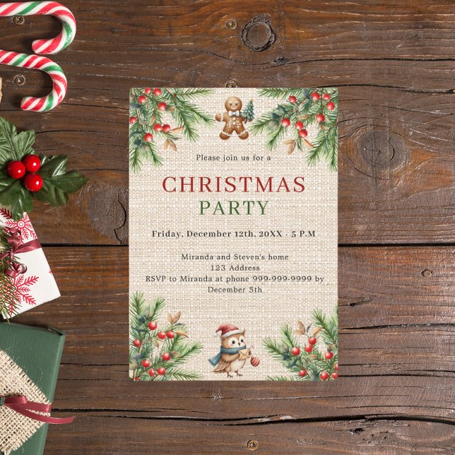Invitación Fiesta de Navidades naturales de pino beige burlap (Subido por el creador)