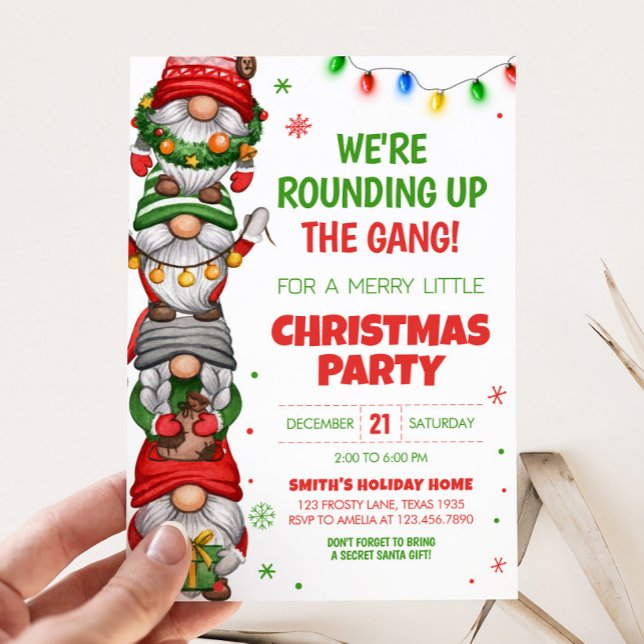 Invitación Fiesta de Navidades navidades Gnomes (Christmas Gnomes We're Rounding Up the Gang Christmas Party Invitation)